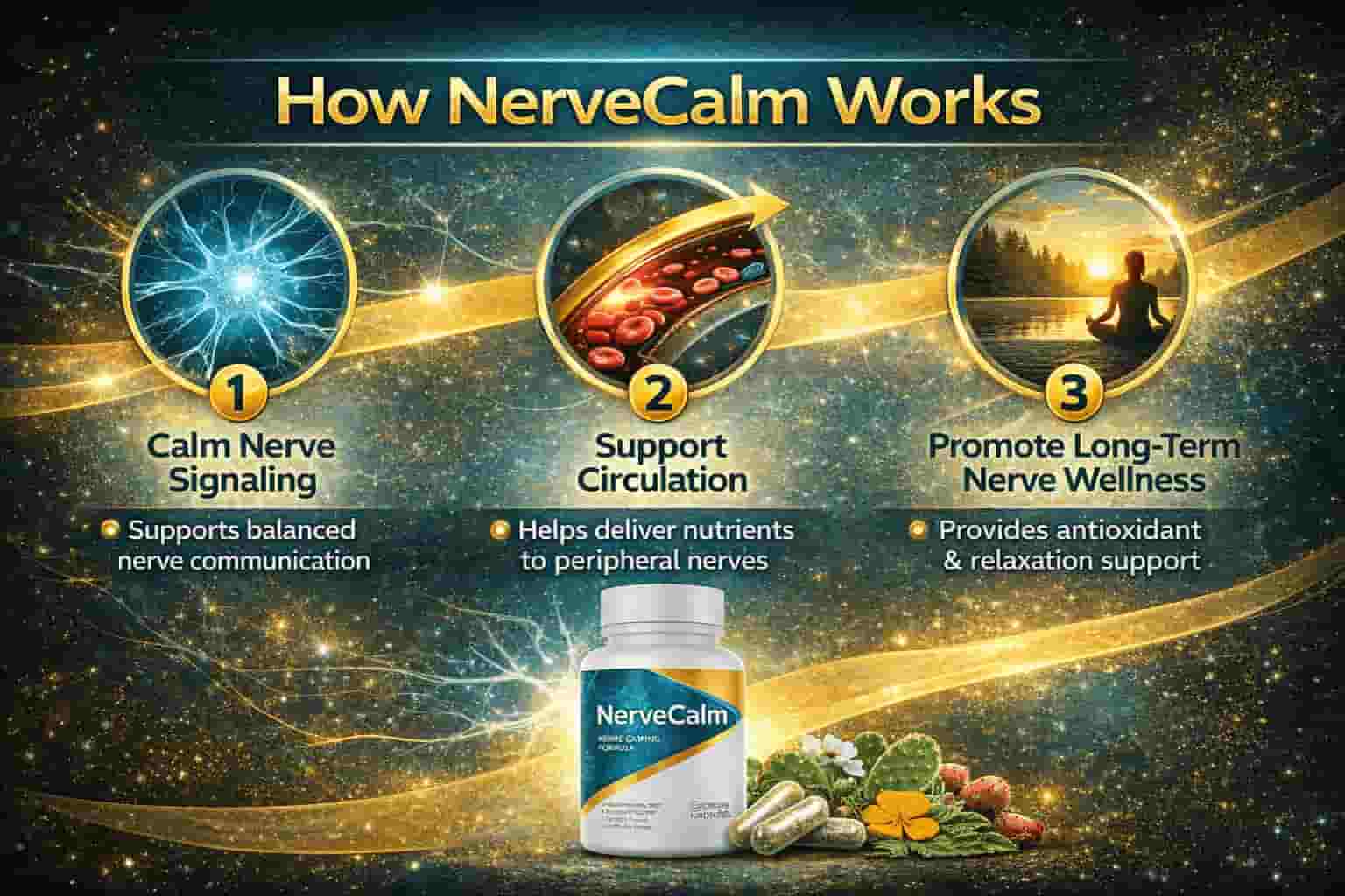 Diagram showing how NerveCalm™ supports nerve wellness through calm, protect, and support phases
