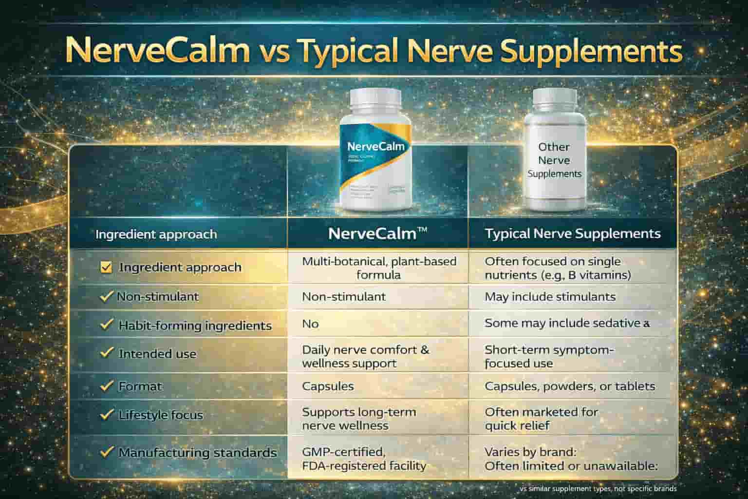 Comparison chart showing how NerveCalm™ differs from typical nerve supplements in formulation and approach