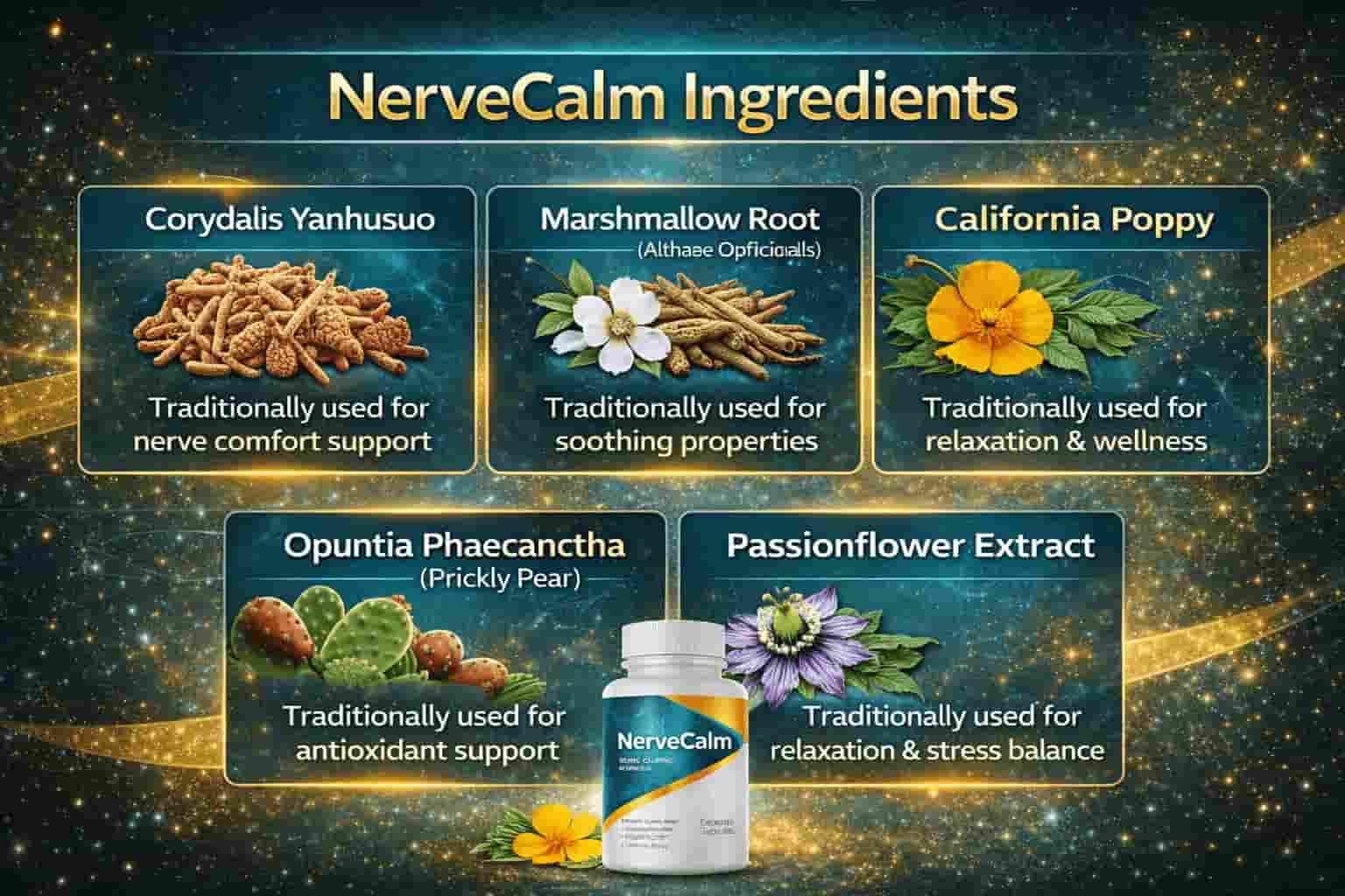 Ingredient breakdown graphic showing plant-based ingredients used in the NerveCalm™ nerve wellness formula