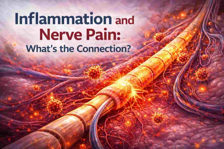 Feature image illustrating an inflamed nerve surrounded by irritated tissue, showing how inflammation can affect nerve signaling and contribute to nerve pain.