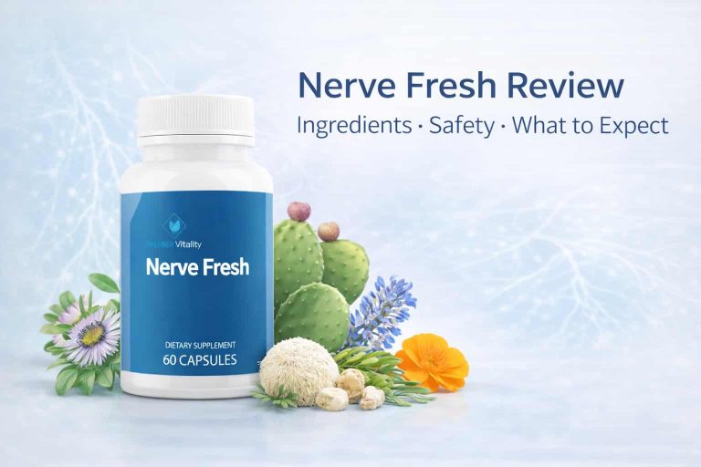 Nerve Fresh supplement bottle with botanical ingredients on a soft blue medical background for nerve health review article.