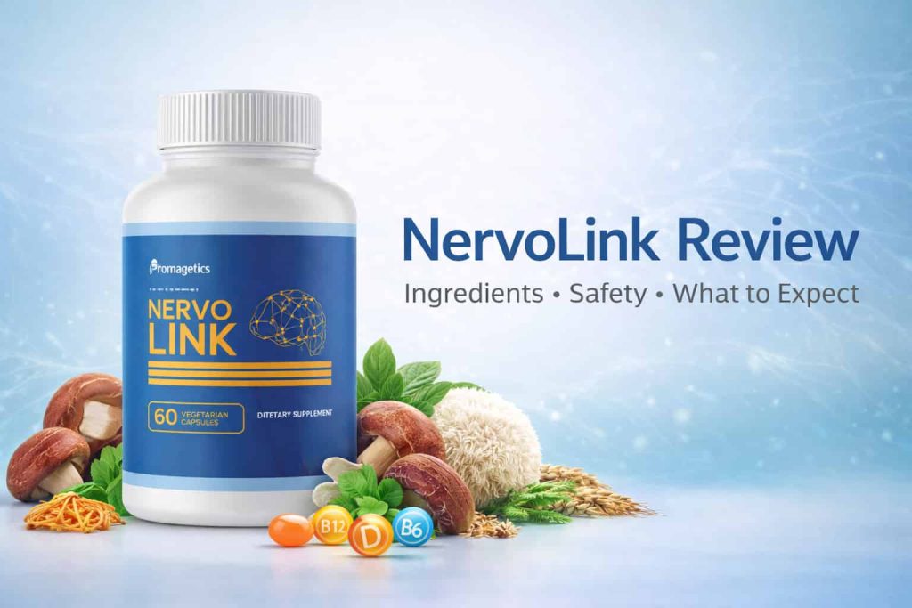 NervoLink nerve health supplement bottle with mushroom ingredients on a clean medical blue background – review image showing ingredients, safety, and what to expect