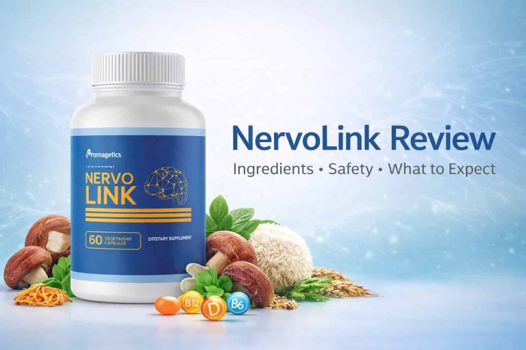NervoLink nerve health supplement bottle with mushroom ingredients on a clean medical blue background – review image showing ingredients, safety, and what to expect
