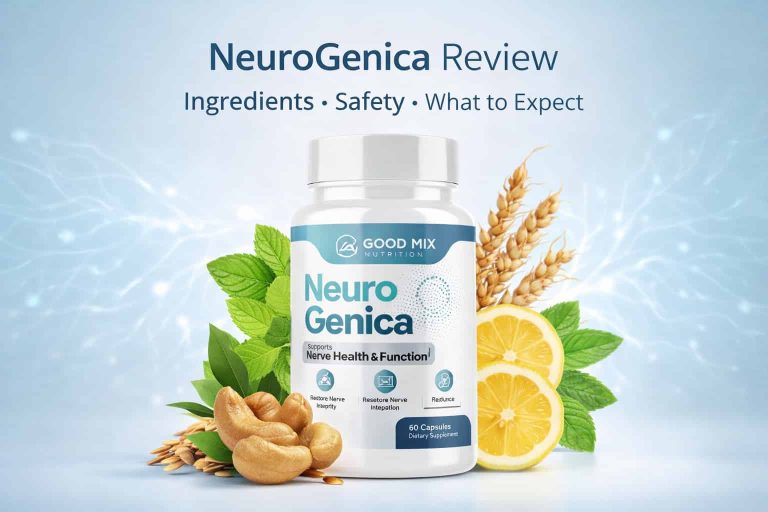 NeuroGenica nerve health supplement bottle displayed with natural ingredients on a clean medical-style background for educational review purposes