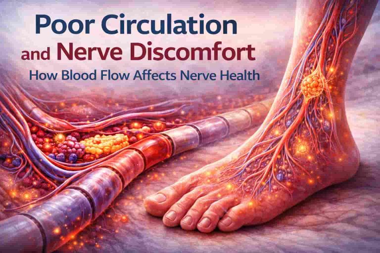 Feature image illustrating poor circulation in the lower leg and foot, showing restricted blood flow and its impact on nerve comfort and nerve health.