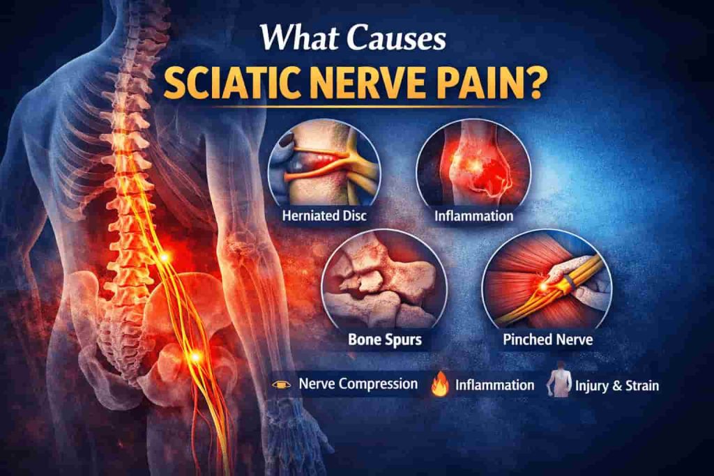 Illustration showing the sciatic nerve pathway from the lower spine through the leg, highlighting common causes of sciatic nerve pain such as herniated discs, inflammation, bone spurs, and nerve compression.