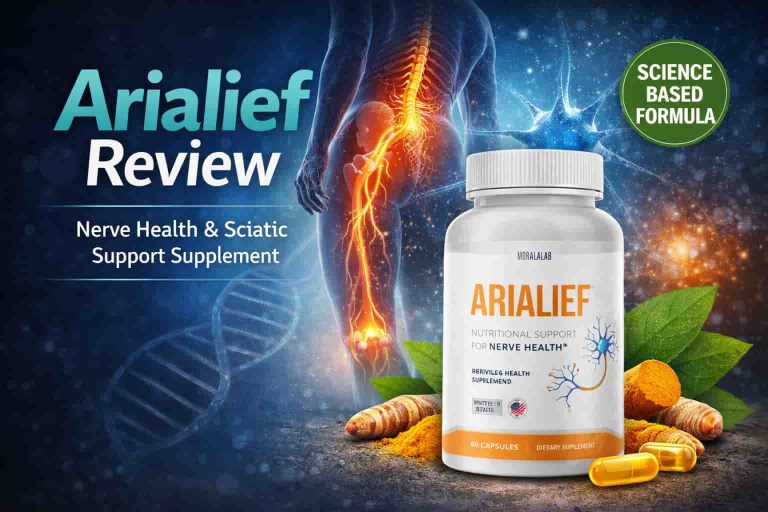 Arialief nerve support supplement bottle displayed with botanical ingredients and nerve health visual element