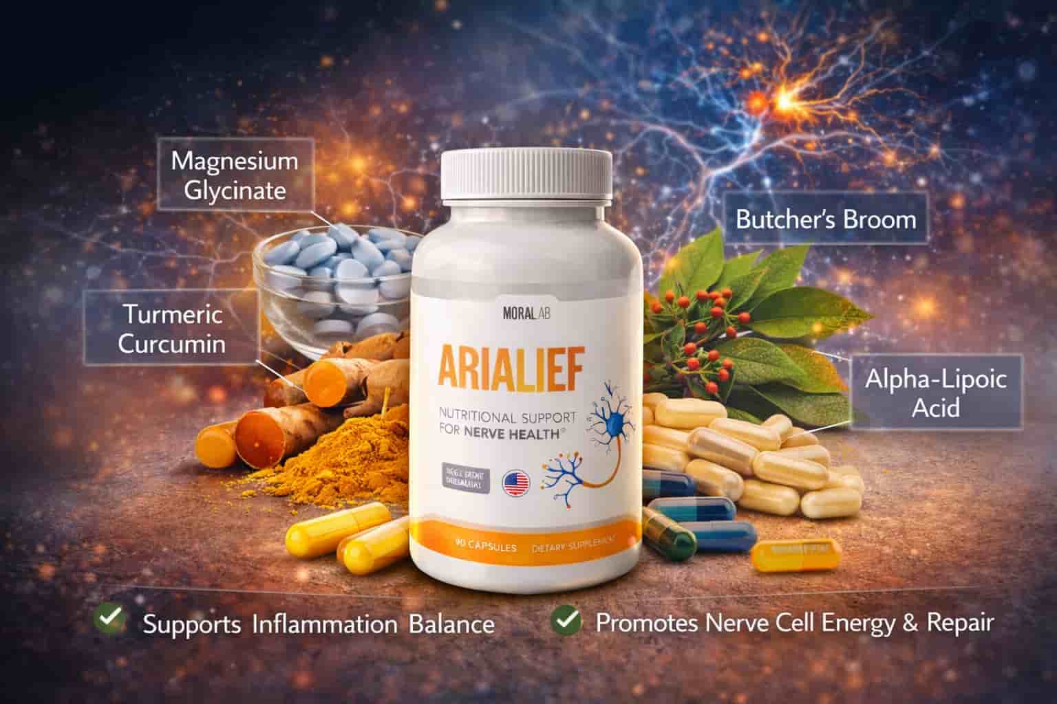 arialief ingredients Arialief supplement ingredients including turmeric, magnesium, and botanical extracts used for nerve wellness