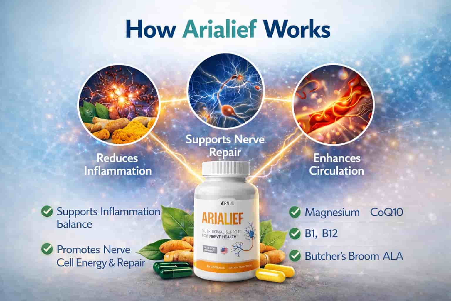 how arialief works Visual illustration showing how Arialief supports nerve function, circulation, and inflammation balance