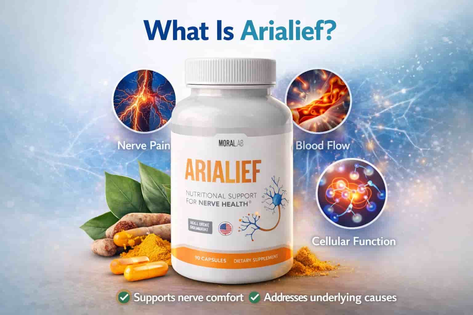 what is arialief Arialief supplement shown with illustrations representing nerve comfort, circulation, and cellular support